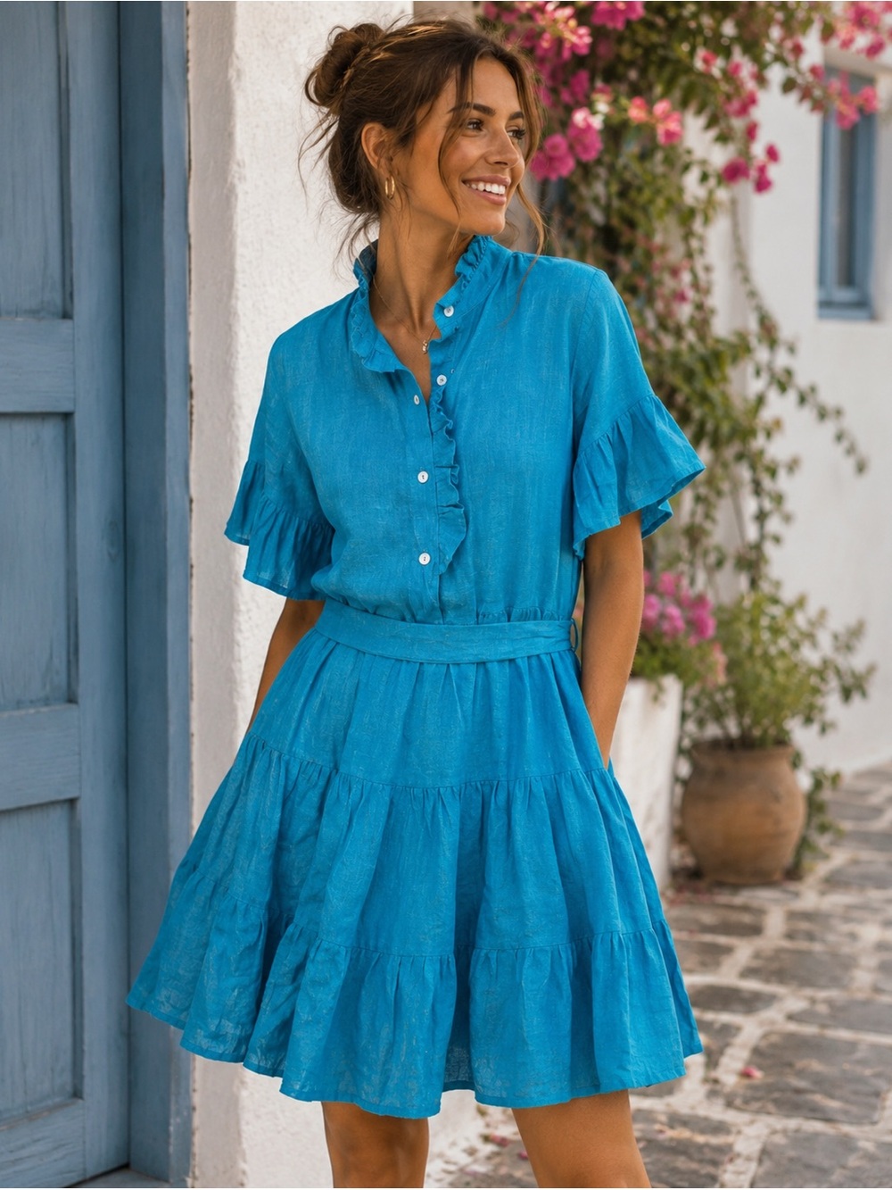 Mille Resort Travel XXS Teal Ruffle Linen Dress  Casual Summer Dress 31” length